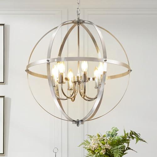 DLLT 6-Light Chrome Globe Pendant Light Fixtures, Industrial Sphere Pendant Lighting Over Island for Dining Room Foyer