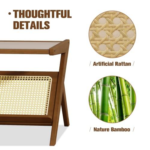 Bamworld Mid-Century Modern Coffee Table with Glass Top Rattan Center Table with Storage for Living Room Table Brown