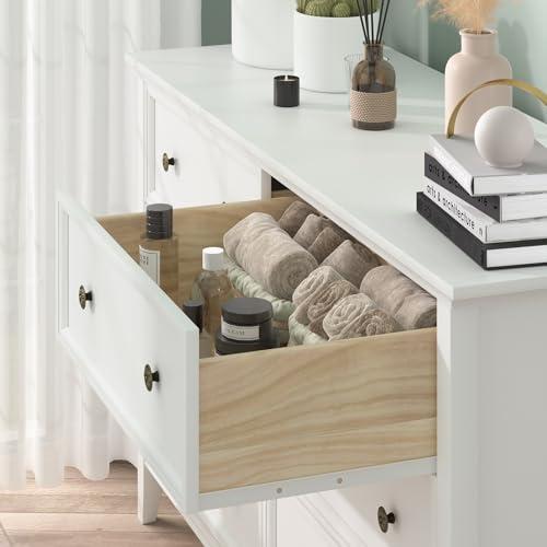 IKENO White 6 Drawer Dresser for Bedroom, Modern Solid Wood Large Storage Cabinet, Simple White Chest of Drawer for Bedroom Living Room Hallway Entryway