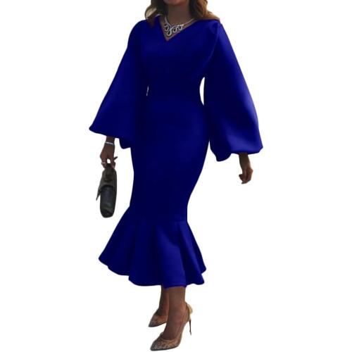 Women's 3XL Sexy V Neck Mermaid Fishtail Dress Elegant Lantern Long Sleeve Solid Color High Waist Bodycon Maxi Dress