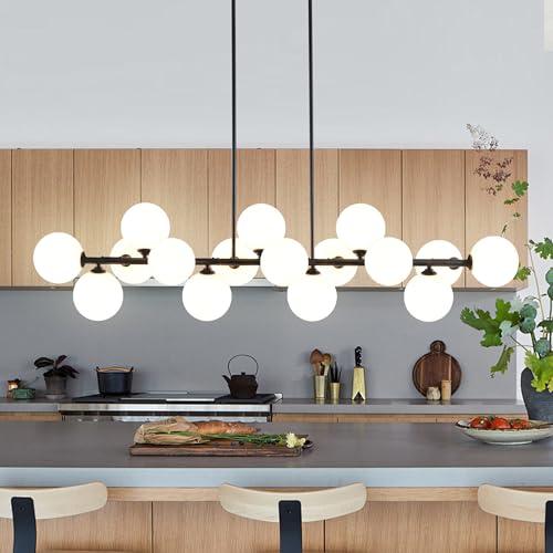 Black 55 x 11.8 x 82.6 Linear Chandeliers for Dining Room, 55in Large Modern Globe Chandelier 16-Light Large Pendant Lights Kitchen Island Lighting with Milk White Glass Sputnik Chandelier Bubble Sputnik Light Fixture