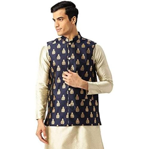Size 44 Color Blue and Gold Sojanya (Since 1958, Men's Silk Blend Magenta & Gold Self Design Nehru Jacket