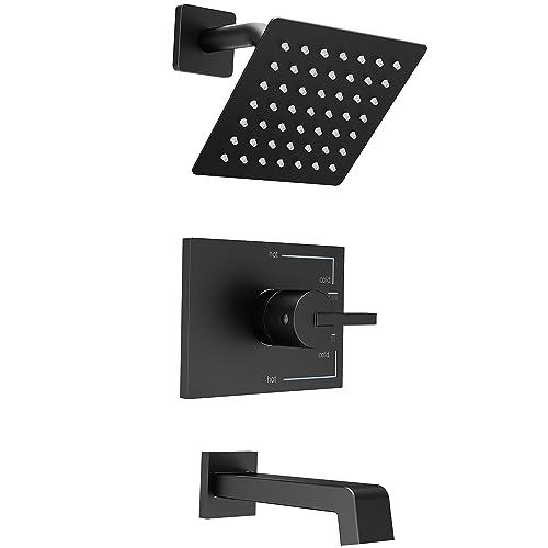 Black Shower Faucet Set with 6 Matte Black Shower Head and Tub Spout