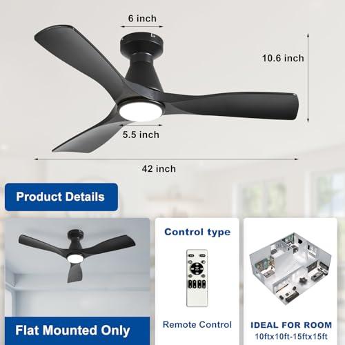 Depuley 42-Inch Ceiling Fans with Lights: Black 3 Blade Flush Mount Low Profile Ceiling Fan for Bedroom - Dimmable Indoor Outdoor Fan with Remote Control Ultra Quiet DC Motor Timer