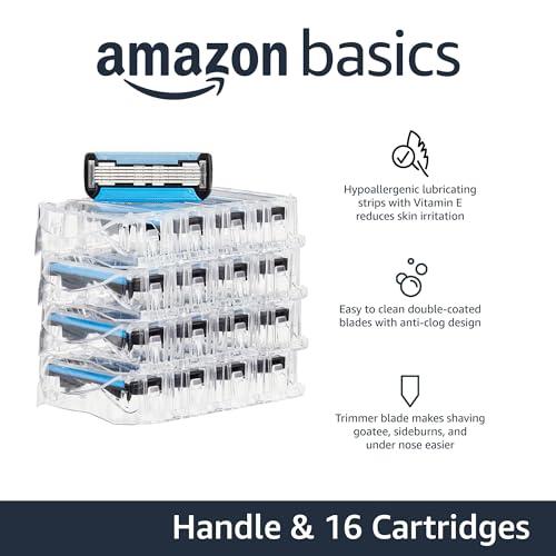 Amazon Basics 5-Blade MotionSphere Men's Razor with Dual Lubrication, Vitamin E, Precision Trimmer, 1 Handle & 16 Cartridges, Black