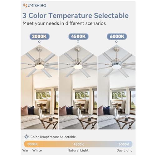 ZMISHIBO 72 inch Smart Aluminium Blade Ceiling Fans with Lights and Remote, Outdoor Large Ceiling Fans with Remote/Alexa/App for Patio Living Room, Nickel Ceiling Fan, 8 Blades
