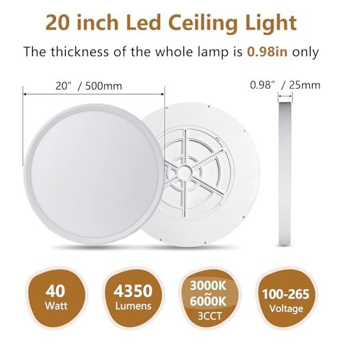 20 Inch Large LED Flush Mount Ceiling Light, 40W,4350LM, 3000K/4000K/6000K CCT Selectable,0.98inch Super Slim Low Profile Round Flat Panel Light for Bedroom,Kitchen,Hallway(White)