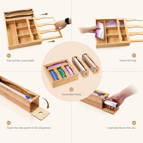 6-in-1 Bamboo Kitchen Drawer Organizer for Storage Bag, Foil & Plastic Wrap