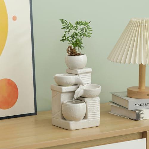 Indoor and Outdoor Tabletop Desktop Fountain Water Feature Home and Garden Ceramic Decoration (White S094)