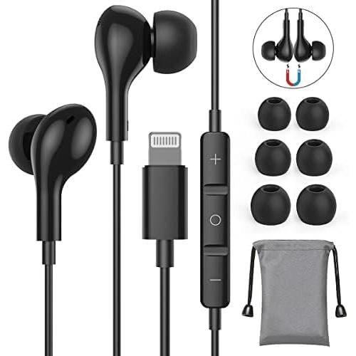 Guguearth Wired Headphones Earbuds for iPhone with Lightning Connector,Apple MFi Certified, Magnetic Wired Ear Buds Earphones with Built-in Mic Compatible 14 13 12 11 Pro Max X XS XR 8 7 Plus(Black)