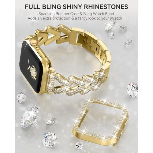 Rhinestones Encrusted Metal Bracelet and Case, Compatible with Apple Watch Bands 38mm-49mm (Series 11/10/1/SE/Ultra 2)- Bling Gold Women's Jewelry Strap, Luxury iWatch Bracelet