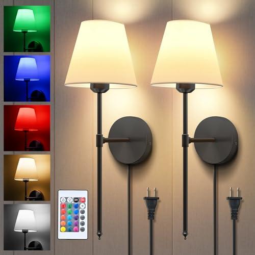 Plug in Wall Sconces Set of Two, Dimmable Wall Sconces White Fabric Shade with Remote Control,Wall Lamp with 6FT Plug in Cord,16 Colors Modes Wall Light for Bedroom Living Room,Black