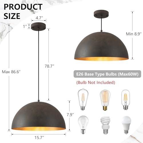Farmhouse Pendant Light,15.7 Black with Brown Grain Industrial Dome Light Fixture,Adjustable Vintage Chandelier for Kitchen Island,Dining Room,and Bedroom