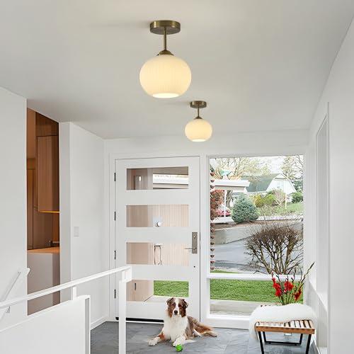 Gold Semi Flush Mount Ceiling Light Modern Semi Flush Lighting Milk Glass Globe Light Small Globe Hallway Lighting Fixtures Ceiling Vintage Ribbed Light Fixture