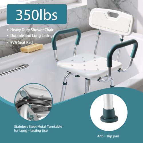 Swivel Shower Chair with Arms and Back, 350lbs Heavy Duty Shower Seat for Inside Shower Stall and Bathtub, Height Adjustable Safety Bath Seat for Elderly, Adults, Handicap and Disabled