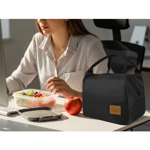 Aosbos Black Lunch Bag Women Insulated Lunch Bags for Adult Lunch Box for Women Lunchbox Lunch Tote Bento Box Cooler Bag for Work Office Picnic