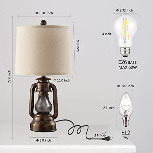 RORIANO Farmhouse Lantern Table Lamps for Living Room Set of 2, Vintage Bedroom Resin Lamp with Dual USB Charging Ports, Rustic Retro Bedside Nightstand Desk Lamp, 4 Bulb Included