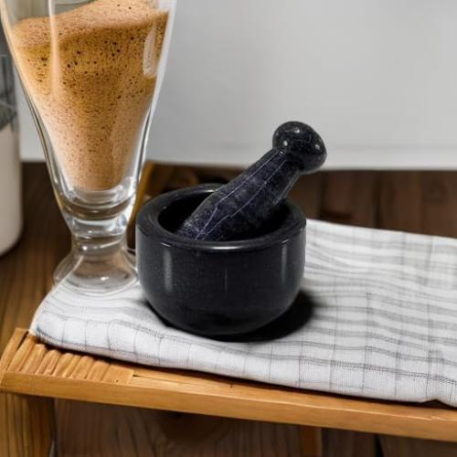 3 Black Natural Stone Mortar and Pestle Set as Spice, Medicine Grinder Masher - kharad, Khallad, Okhli and Musal