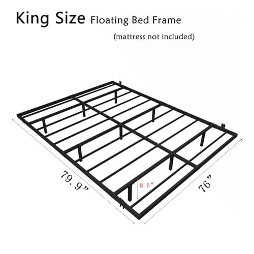 Floating Bed Frame King Size with Charging Station and LED Lights, Metal Platform Bed Frame, No Box Spring Needed, Easy Assembly, (King)