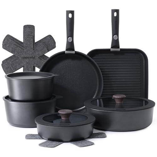 SENSARTE 17 Piece Nonstick Detachable Handle Pots and Pans Set Black