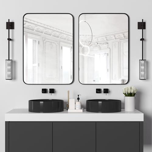 Manocorro 2-Pack Wall Mirror Bathroom Mirror, 20 x 28 Inch Black Rectangular Mirror with Aluminum Alloy Frame, Rounded Corner Hanging Mirror Decor for Entryway, Bedroom, Living Room
