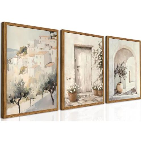 Framed Vintage Italian Wall Art Set of 3, Rustic Neutral Olive Tree Pictures Wall Decor, Mediterranean Farmhouse Landscape Paintings Canvas Prints Country Home Decor for Living Room Bedroom 16x24 inch