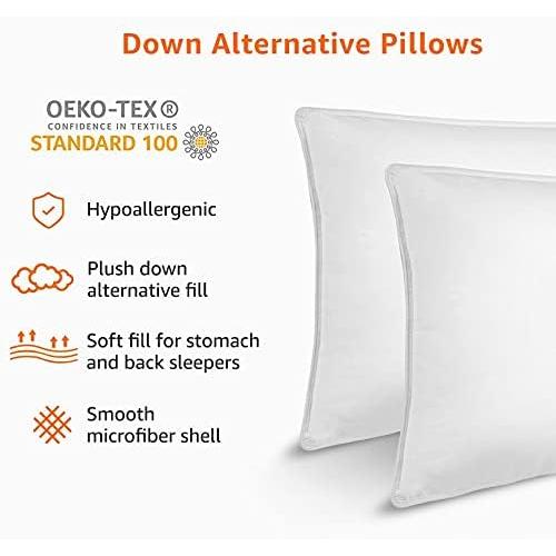 26x20 White 2 Pack Amazon Basics Down Alternative Pillow for Back Side Sleepers, Medium Density, Standard Size