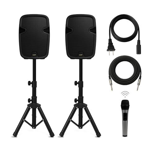 Bowens 8-Inch Bluetooth PA System - 500W Powered Speakers with Stands, Microphone - Party Speaker & DJ Speakers Outdoor Sound System, Microphone and Speaker Set for Events, Karaoke