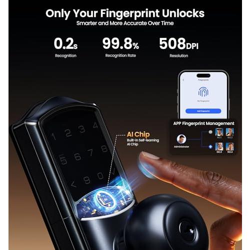 Veise VE028 WiFi Fingerprint Smart Door Lock with Knob Handle, Matte Black