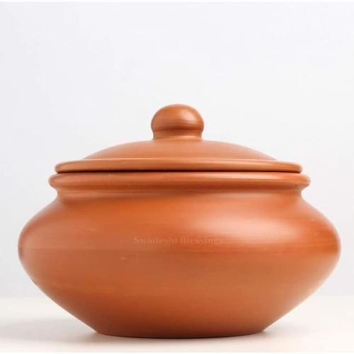 Swadeshi Blessings HandMade Unglazed Earthen Dahi Handi/Curd Pot/Mitti Handi/Clay Pot with Lid for Serving (with Natural White Firing Shade & Stone Finished Mirror Shine) (Traditional-1.5L)