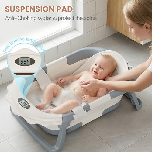 TPN 4-in-1 Grow-with-Me Collapsible Baby Bathtub, Baby Tub for Newborns to Toddler with Soft Floating Cushion & Thermometer, Portable Baby Bath Tub, Infant Bathtub for Bath Support in Tub,Grey