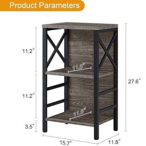 Black L15.7* W11.8 * H27.6  Small Bookcase,3 Tier Industrial Bookshelf with Metal Frame and Backboard,Low Grey Book Shelf,Book case for Small Spaces,Living Room,Bedroom and Home Office
