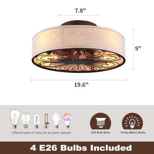Caged Ceiling Fans with Lights Flush Mount,Low Profile Ceiling Fan with Remote,20 Inch Farmhouse White Ceiling Fan for Bedroom,6 Speeds Reversible Silent Fandalier(Include 4 Bulb)