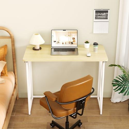 Folding Table, 31.5 Small Desk for Bedroom, Space Saving Foldable Computer Desk for Home Office, Easy Assembly, Beige