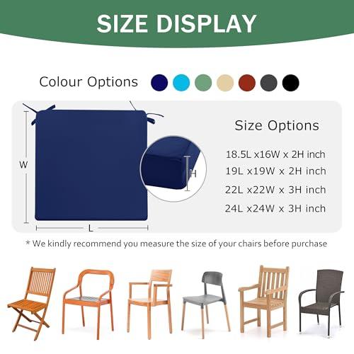 Navy Blue 4 pack 18.5x16 Outdoor Chair Cushions Set of 4: Waterproof & Fade Resistant Seat Cushion for Patio Furniture - 18.5 x 16 x 2 Inch Chair Pads with Ties and Hidden Zipper - Patio Chair Cushion Replacement, Navy
