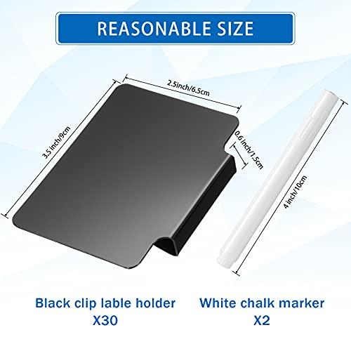 32 Pieces Basket Labels Clip Set, Include 30 Pieces Kitchen Clip Label Holder Removable PVC Bin with 2 Pieces Chalk Marker for Basket Pantry Organization Box (Black Label Clip, White Pen)