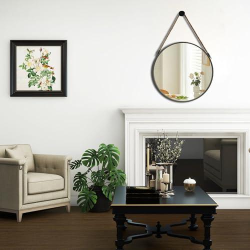POZINO Round Mirror, Rope Hanging Mirror, 15 Inch Farmhouse Circle Wall Mirror for Bathroom Bedroom Living Room Entryway Home Decor, Grey