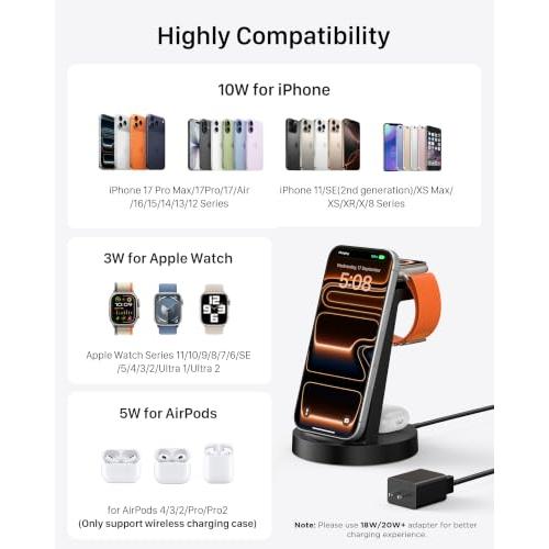 Anlmz 3 in 1 Charging Station - Wireless Charger for Apple Multiple Devices | Fast Charge Stand for iPhone 17-8 iWatch Airpods 4 3 Pro No Tangled Cables Ideal for Desk Bedside with 18W Adapter Black