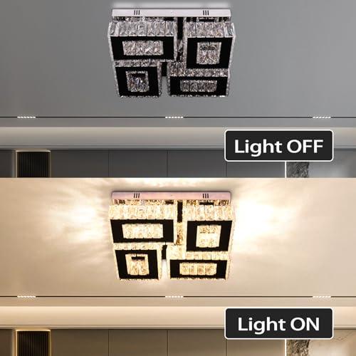 13.1''Square Crystal Chandelier Modern Crystal Ceiling Light Flush Mount Ceiling Lamps for Dining Room Living Room Bedroom Hallway (Warm)