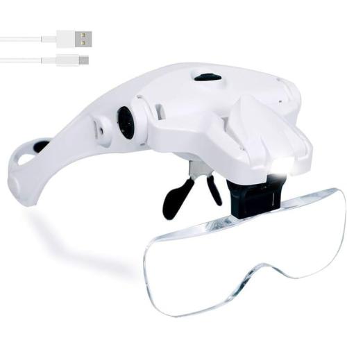 Hands Free Headband Magnifying Glass, USB Charging Head Magnifier with LED Light Jewelry Craft Watch Hobby 5 Lenses 1.0X 1.5X 2.0X 2.5X 3.5X (Upgraded Version)