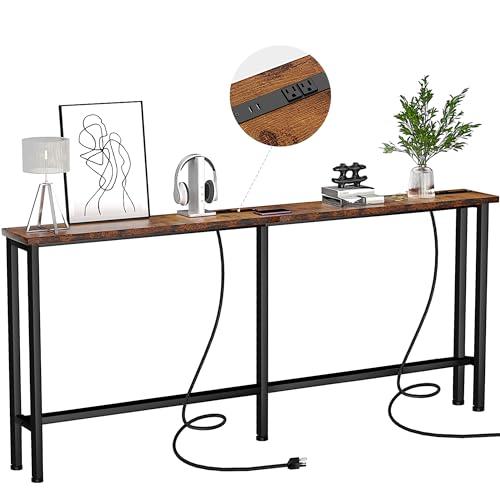 Brown 70 Narrow Console Sofa Table - 2 Power Outlets & 4 USB Ports, Metal Frame, Rustic Brown, Perfect for Hallway, Office, and Behind Sofa - Easy Assembly, 4.9' Extension Cord Included