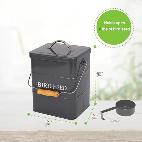 Bird Seed Storage Container Airtight,5~6LB Metal Bird Food Container with Scoop,Wild Birds Feed Tin for Storing Sunflower Seed-Ideal for Outdoor or Indoor-Squirrel proof-Gray