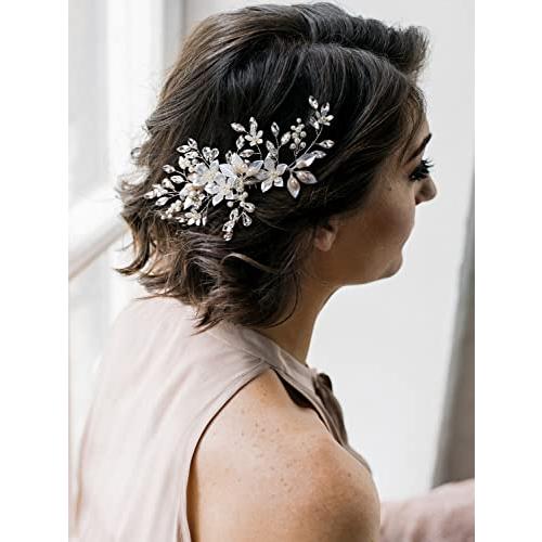 SWEETV Handmade Wedding Hair Comb,Pearl Flower Bridal Hair Clip Hair Accessories for Women Wedding
