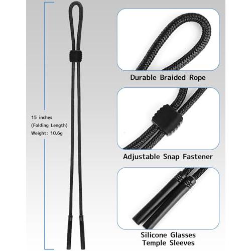 BILIONE Braided Glasses Strap, Eyeglasses & Sunglasses Lanyard Cord for Men Women, Black Eye Glasses Holders Around Neck for Sports, Adjustable Eyewear Retainer Safety String Rope, Pack of 3