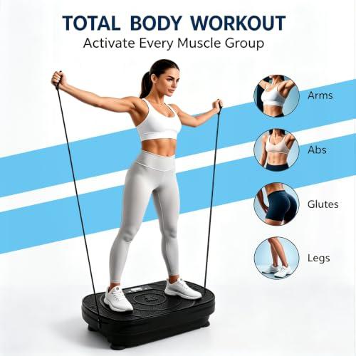 Vibration Plate Fitness Exercise Machine Vibrating Shaking Full Body Shaker Workout Vibrate Stand Shake Board Sport for Weight Loss Fat Burner with Resistance Bands for Gym Home Office Women Men