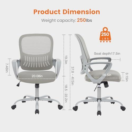 Office Computer Desk Managerial Executive Chair, Ergonomic Mid-Back Mesh Swivel Rolling Work with Wheels, Comfortable Lumbar Support, Comfy Arms for Home, Bedroom, Study, Student, Black