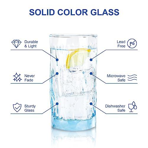 Solid Color Drinking Glasses Set of 6, 13.5 OZ Wind-blown Ripples Glass Tumbler Glassware for Water, Juice, Different Options for Home, Restaurant, Hotel, Bar, Blue