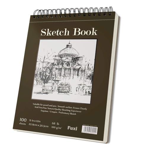 Fuxi 9 x 12 Sketch Book_Top Spiral Bound Sketchbook_100Sheets 68lb/100gsm | Art Sketch Pads for Drawing, Acid-Free Drawing Paper Pad for Kids, Students, Artists & Beginners, Art Supplies for Adults