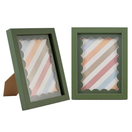 1 Pack Wood Picture Frames, 5.9x7.8 Fresh Green Frame with Support, Hook and Wavy Mat for Tabletop and Wall Hanging, Simple Style for Home Decor and Gifts Giving
