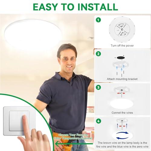 White 24 Upgraded Flush Mount Ceiling Light, 56W 5600 lm Ceiling Light Fixture with 3 CCT Selectable 3000K/4000K/ 6500K, Slim Round Surface Mount LED Light Fixture for Kitchen Bedroom Dining Hallway